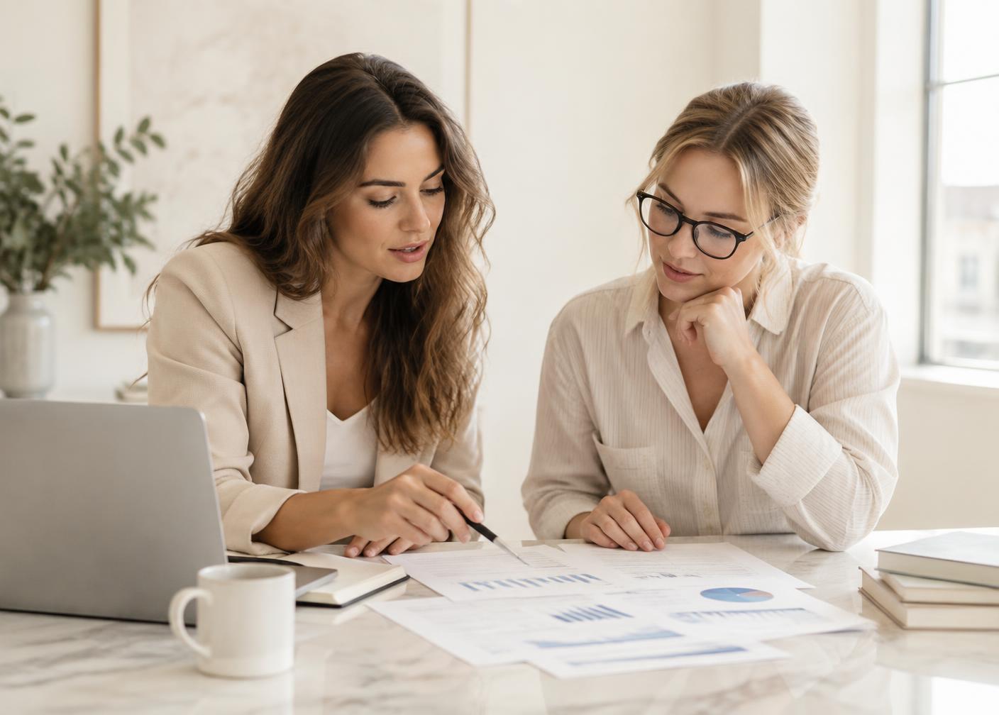 Two bookkeepers reviewing monthly financial reports together