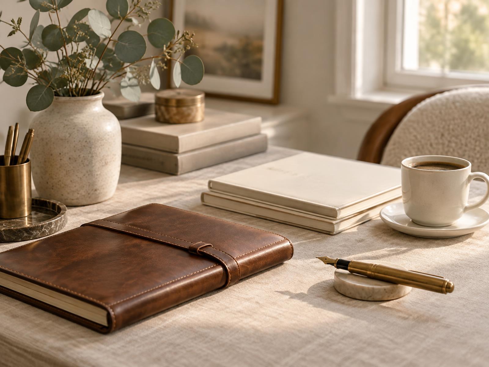 An organized Halifax bookkeeping desk with a leather ledger, brass pen and morning light